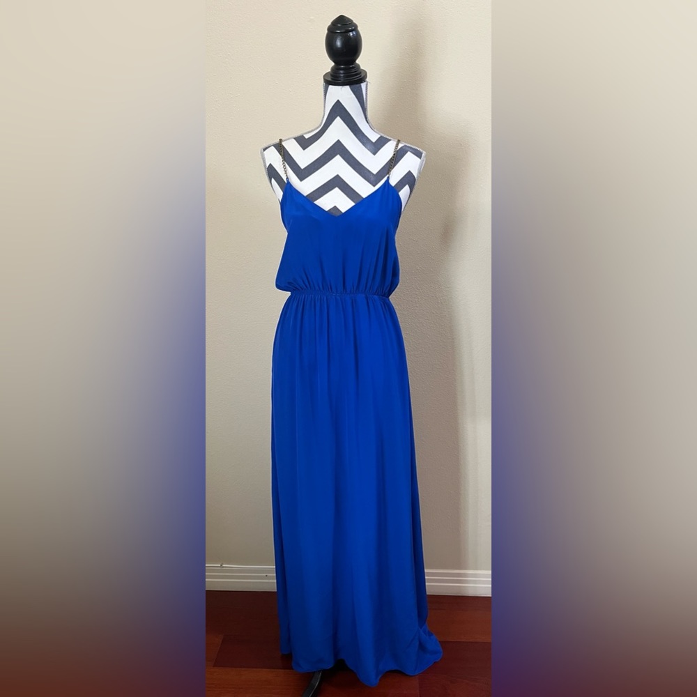 Geren Ford Long Royal Blue 100% Silk Dress with metal chain straps NWT Size L